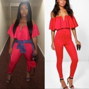 Boohoo Red  Frill Jumpsuit